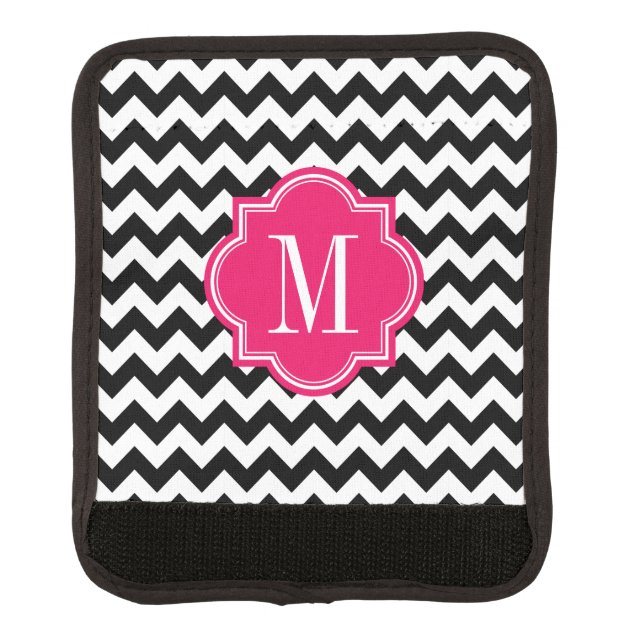 Black and White Chevron with Hot Pink Monogram Luggage Handle Wrap (Front)