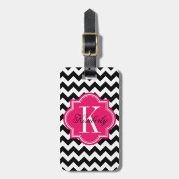 Black And White Chevron With Hot Pink Monogram Luggage Tag by PastelCrown at Zazzle