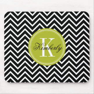 Black and White Chevron with Lime Green Monogram Mouse Pad