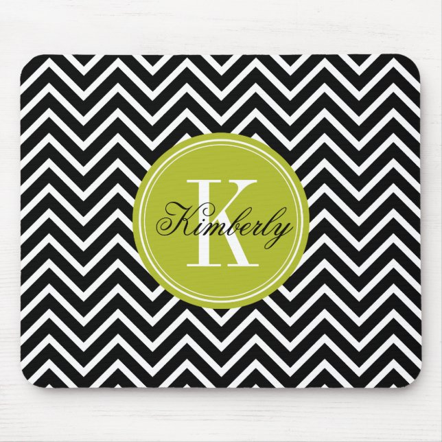Black and White Chevron with Lime Green Monogram Mouse Pad (Front)
