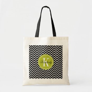 Black And White Chevron With Lime Green Monogram Tote Bag by OrganicSaturation at Zazzle