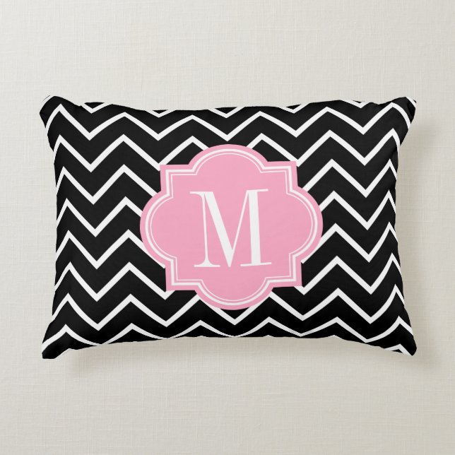 Black and White Chevron with Pink Monogram Accent Pillow (Front)