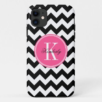 Black And White Chevron With Pink Monogram Iphone 11 Case by PastelCrown at Zazzle