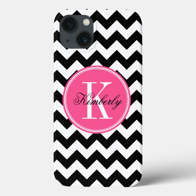 Black and White Chevron with Pink Monogram Case-Mate iPhone Case (Back)