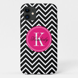 Black and White Chevron with Pink Monogram iPhone 11 Case