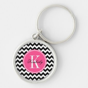 Black And White Chevron With Pink Monogram Keychain by PastelCrown at Zazzle