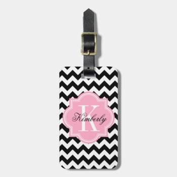 Black And White Chevron With Pink Monogram Luggage Tag by PastelCrown at Zazzle