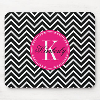Black and White Chevron with Pink Monogram Mouse Pad