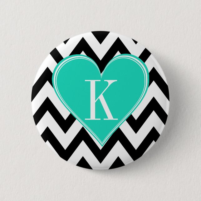 Black and White Chevron with Teal Heart Monogram Button (Front)