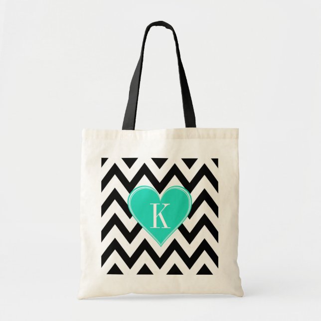 Black and White Chevron with Teal Heart Monogram Tote Bag (Front)