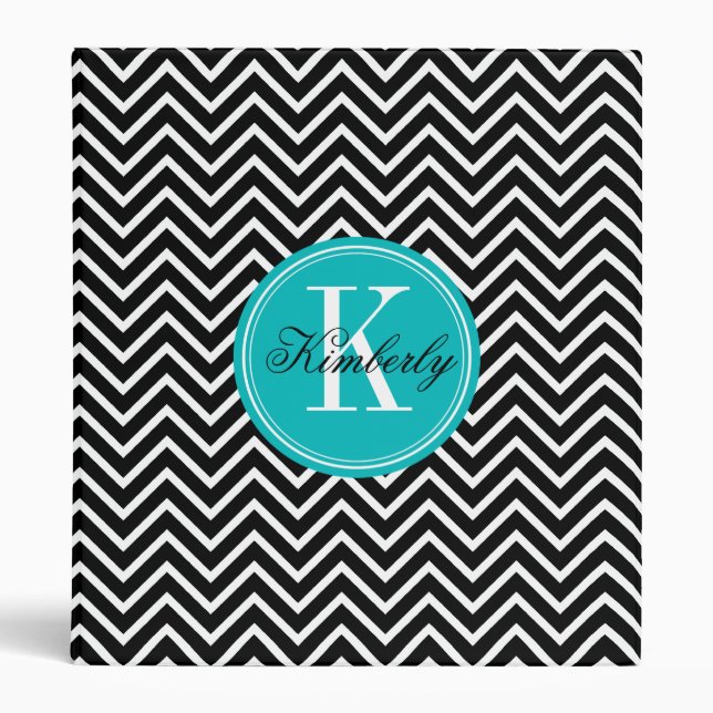 Black and White Chevron with Teal Monogram 3 Ring Binder (Front)
