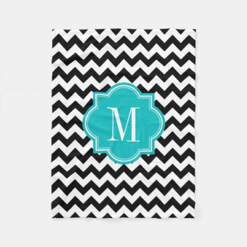 Black And White Chevron With Teal Monogram Fleece Blanket by PastelCrown at Zazzle