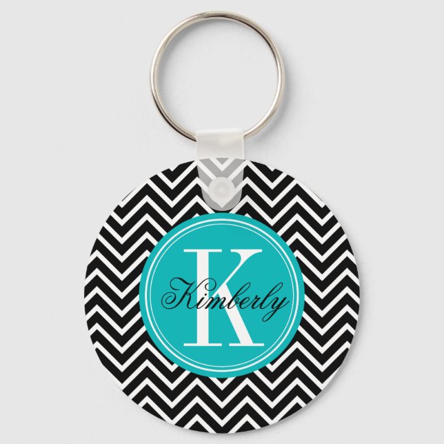 Black and White Chevron with Teal Monogram Keychain (Front)