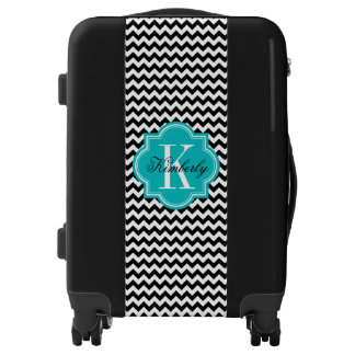 Black and White Chevron with Teal Monogram Luggage