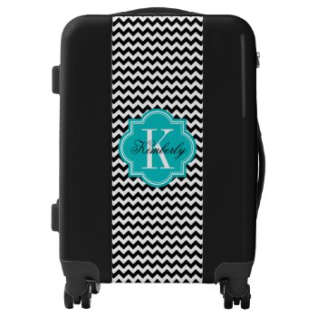 Black And White Chevron With Teal Monogram Luggage by PastelCrown at Zazzle