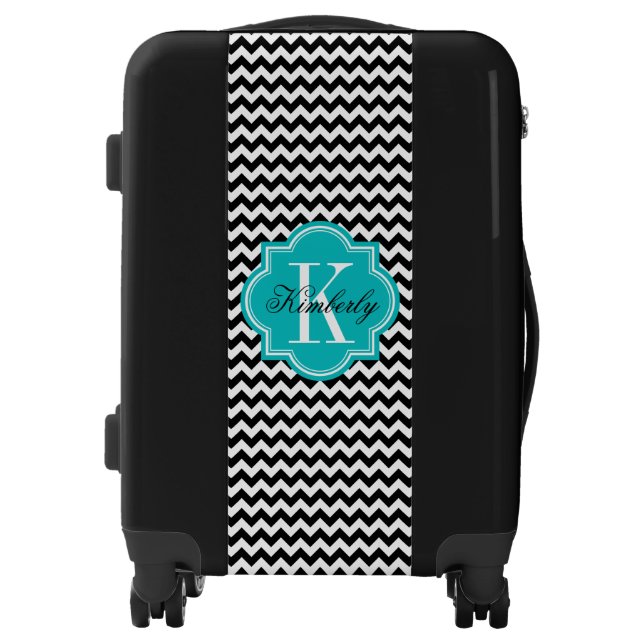 Black and White Chevron with Teal Monogram Luggage (Front)