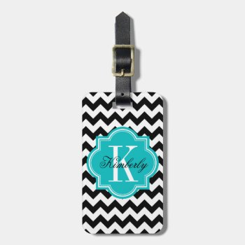 Black And White Chevron With Teal Monogram Luggage Tag by PastelCrown at Zazzle