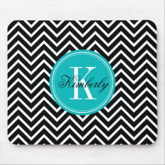 Black and White Chevron with Teal Monogram Mouse Pad