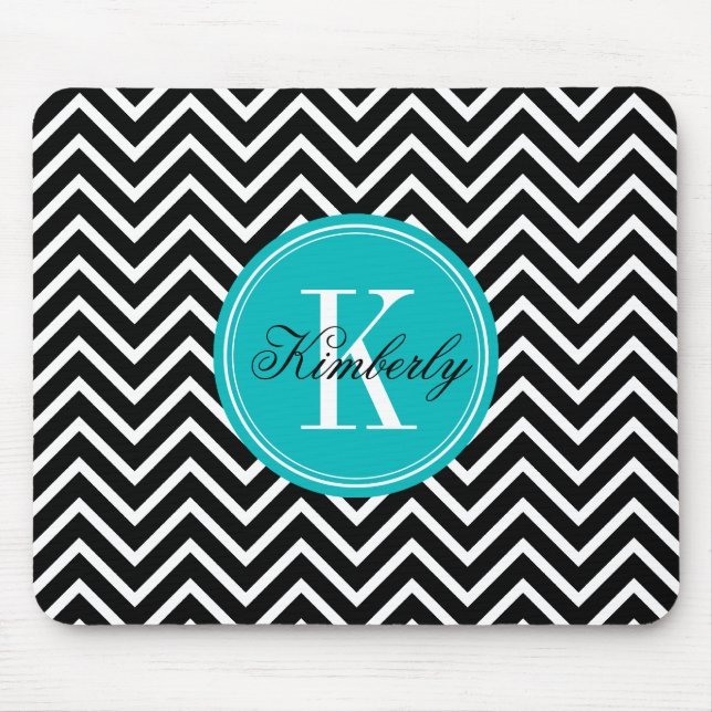 Black and White Chevron with Teal Monogram Mouse Pad (Front)