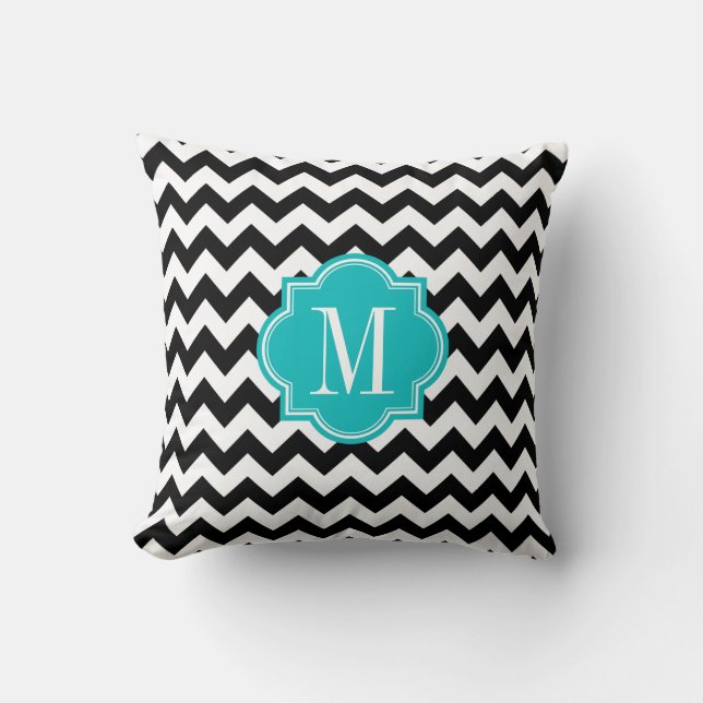 Black and White Chevron with Teal Monogram Throw Pillow (Front)
