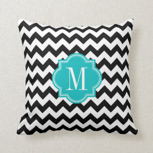 Black and White Chevron with Teal Monogram Throw Pillow