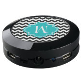 Black and White Chevron with Teal Monogram USB Charging Station (Angled Back)
