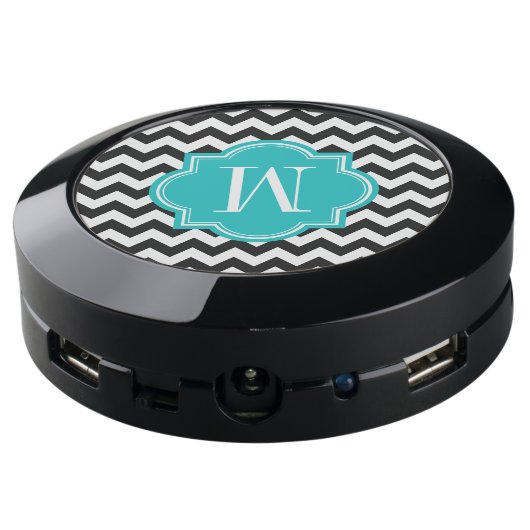 Black and White Chevron with Teal Monogram USB Charging Station (Angled Back)