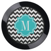Black and White Chevron with Teal Monogram USB Charging Station (Front)