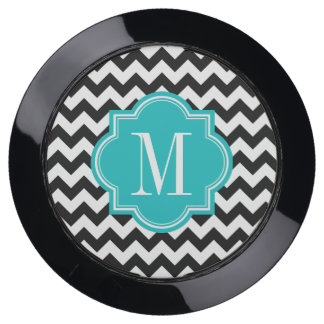 Black and White Chevron with Teal Monogram USB Charging Station
