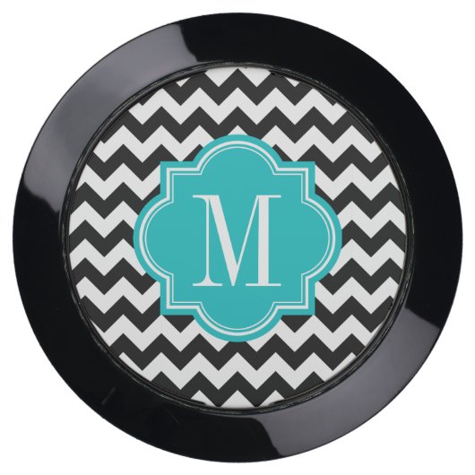 Black and White Chevron with Teal Monogram USB Charging Station (Front)