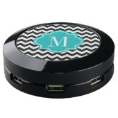 Black and White Chevron with Teal Monogram USB Charging Station (Angled)
