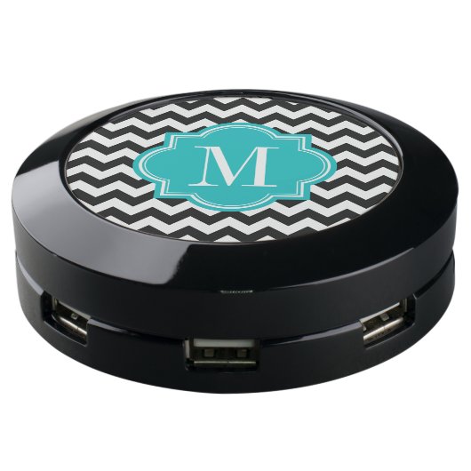 Black and White Chevron with Teal Monogram USB Charging Station (Angled)