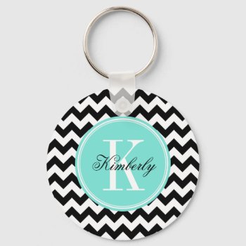 Black And White Chevron With Turquoise Monogram Keychain by PastelCrown at Zazzle