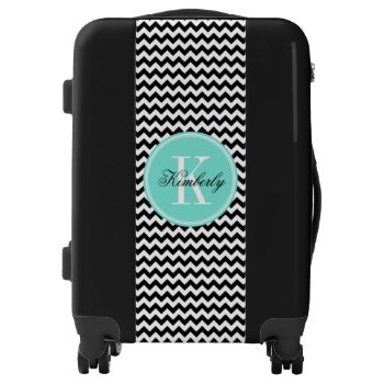 Black And White Chevron With Turquoise Monogram Luggage by PastelCrown at Zazzle
