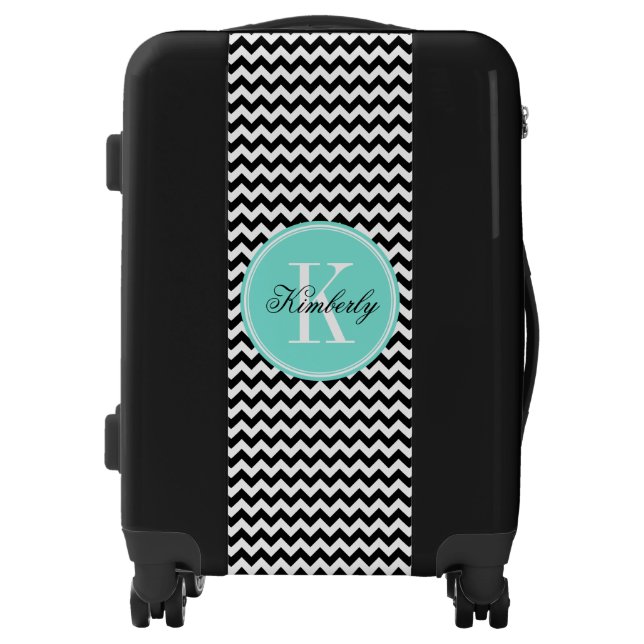 Black and White Chevron with Turquoise Monogram Luggage (Front)