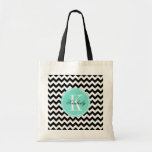 Black And White Chevron With Turquoise Monogram Tote Bag at Zazzle