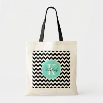 Black And White Chevron With Turquoise Monogram Tote Bag by PastelCrown at Zazzle