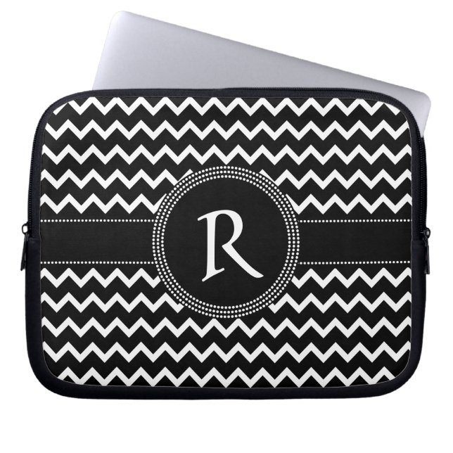 Black and White Chevron Zig Zag Retro Elegance Laptop Sleeve (Front)