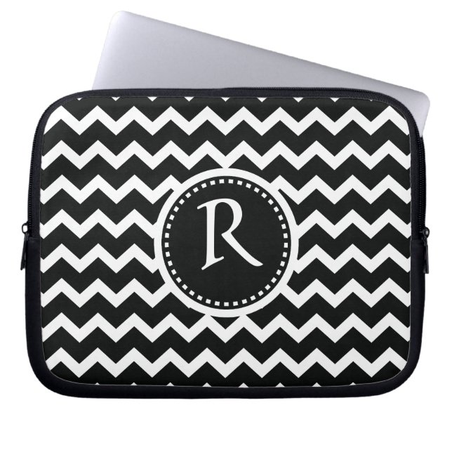Black and White Chevron Zig Zag Retro Elegance Laptop Sleeve (Front)