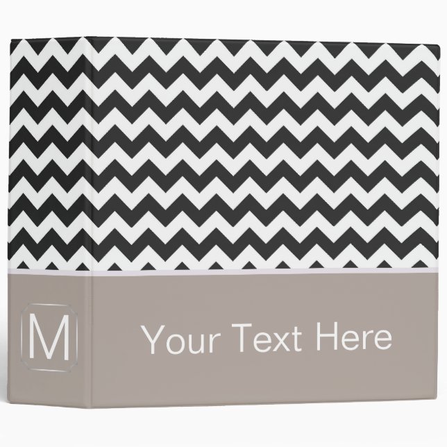 Black and White Chevron Zigzag. Custom Monogram 3 Ring Binder (Front/Spine)
