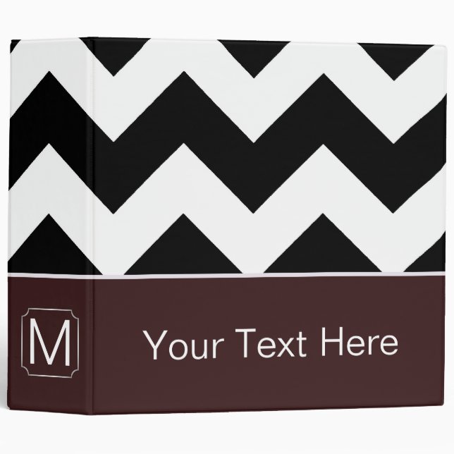 Black and White Chevron Zigzag. Custom Monogram 3 Ring Binder (Front/Spine)