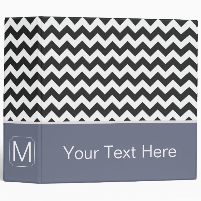Black and White Chevron Zigzag. Custom Monogram 3 Ring Binder (Front/Spine)