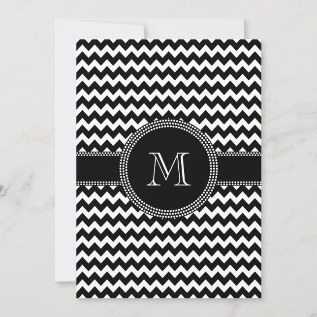 Black and White Chevron ZigZag Pattern Monogram Invitation (Front)
