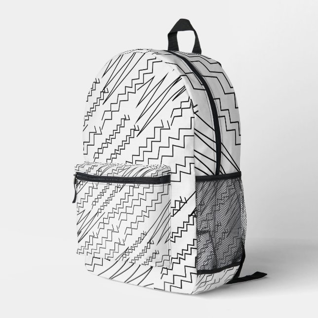 Black and White Chevron Zigzag Stripes Printed Backpack (Back Corner Right)