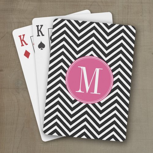 Black and White Chevrons Custom Pink Monogram Playing Cards