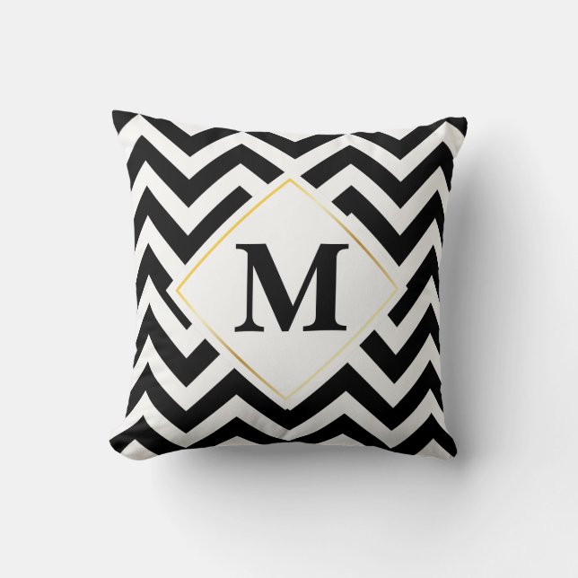 Black and White Chevrons Monogram Throw Pillow (Front)