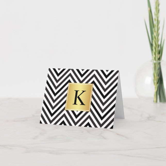 Black and White Chevrons Pattern with Monogram Letterpress Thank You Card (Front)