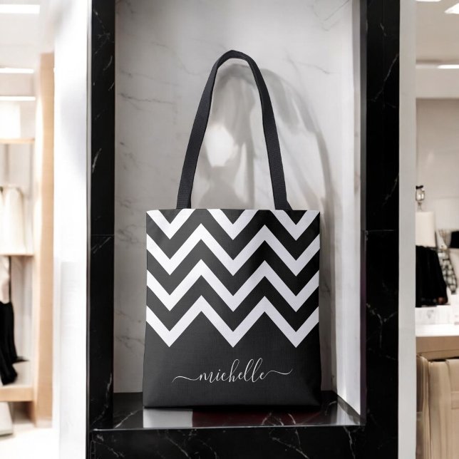Black and White Chevrons with Monogram Tote Bag (Personalize this custom tote with your name.)