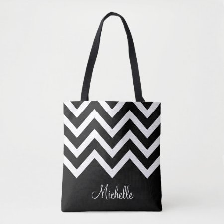 Black And White Chevrons With Monogram Tote Bag
