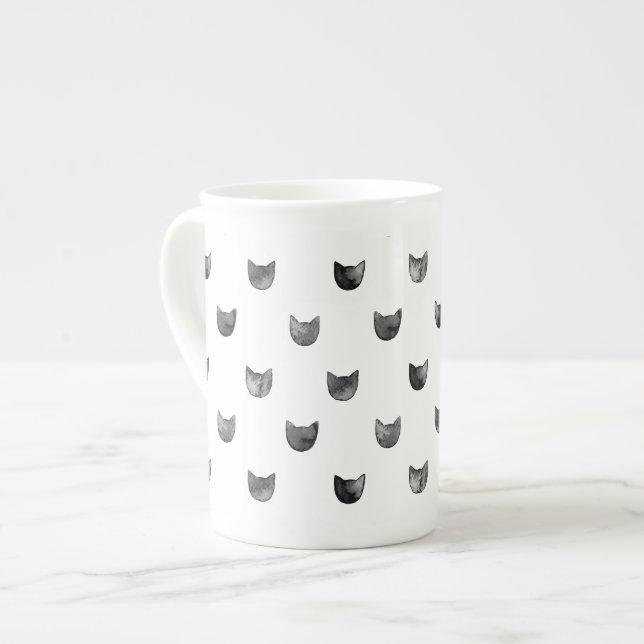 Black and White Chic Cute Cat Pattern Bone China Mug (Front Left)